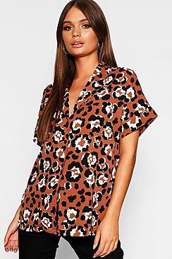 Boohoo Leopard Revere Collar Oversized Shirt