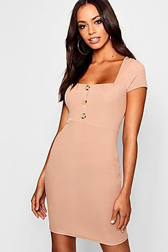 Boohoo Square Neck Button Ribbed Bodycon Dress