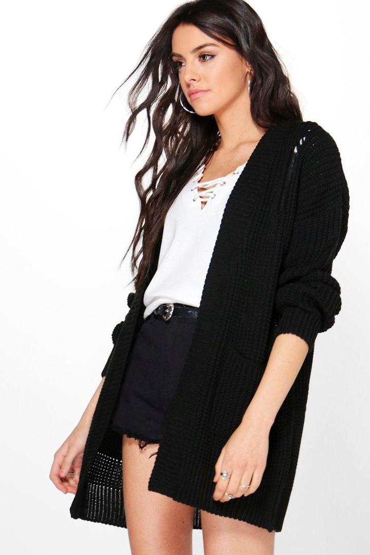 Boohoo Savannah Ladder Back Distressed Cardigan Black