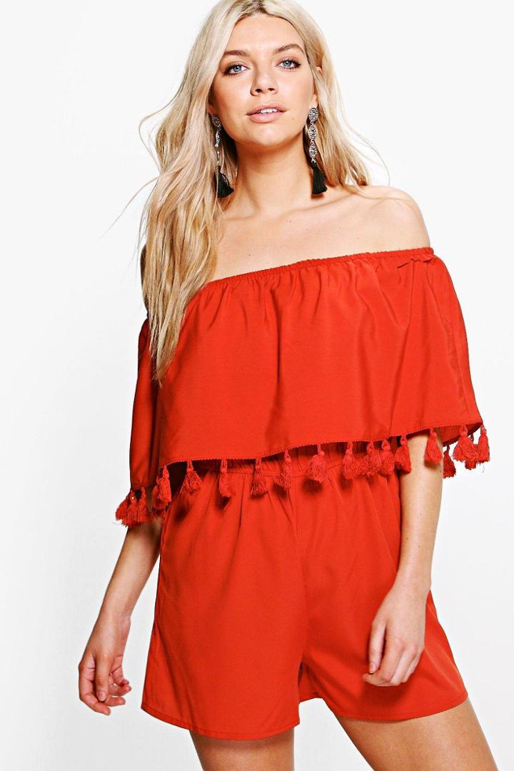 Boohoo Ria Tassel Trim Off The Shoulder Playsuit Spice