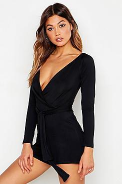 Boohoo Bardot Belted Wrap Playsuit