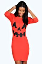 Boohoo Hayley Pumpkin Print Halloween Bodycon Dress Orange