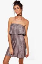 Boohoo Margot Fine Pleat Double Layer Mini Dress Silver