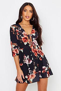 Boohoo Floral Print Tie Front Skater Dress