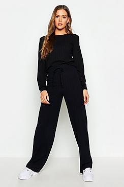 Boohoo Long Sleeve Top & Drawcord Wide Leg Rib Co-ord