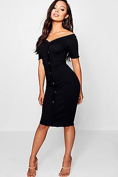 Boohoo Petite Jemima Rib Sweetheart Bardot Midi Dress