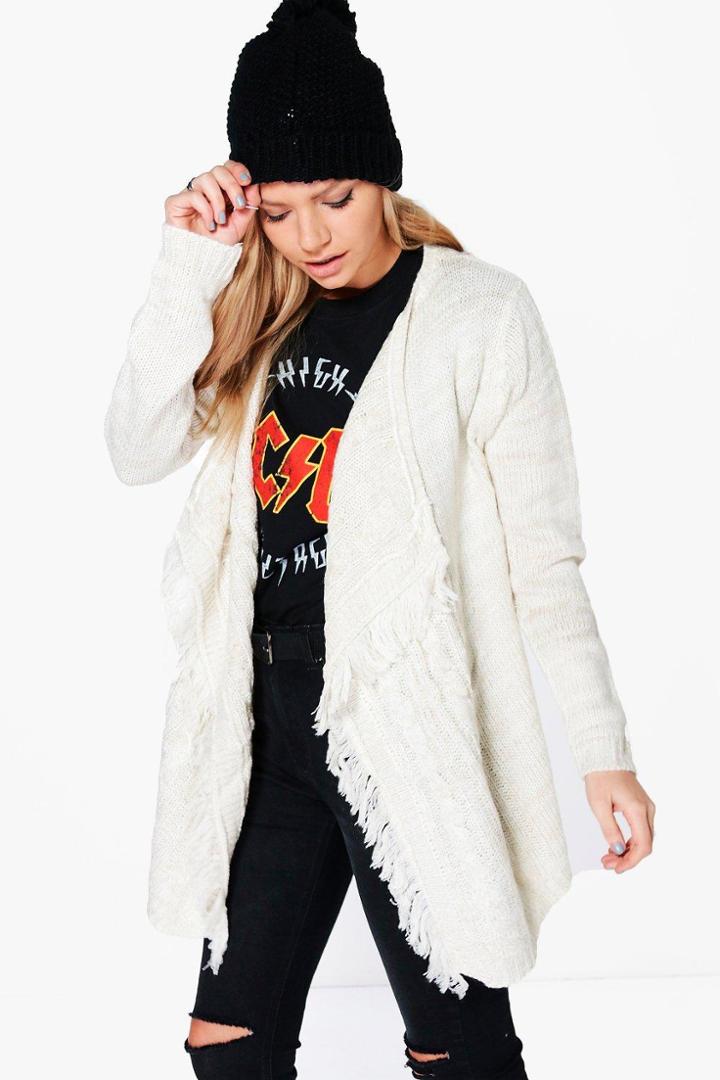 Boohoo Sophie Waterfall Cable Fringed Cardigan Ecru