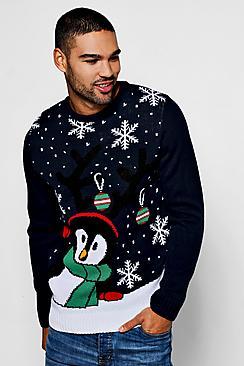 Boohoo Novelty Penguin Christmas Jumper In Navy