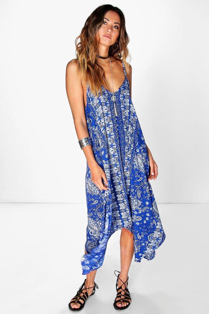 Boohoo Alicia Blue Paisley Hanky Hem Dress Blue