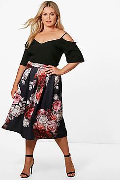 Boohoo Plus Jennie Floral Print Scuba Midi Skater Skirt