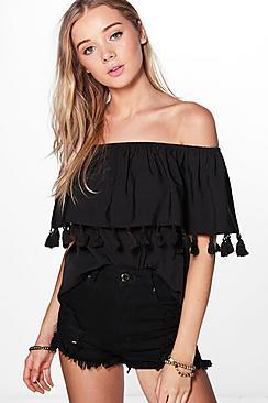 Boohoo Tassel Hem Woven Off The Shoulder Top