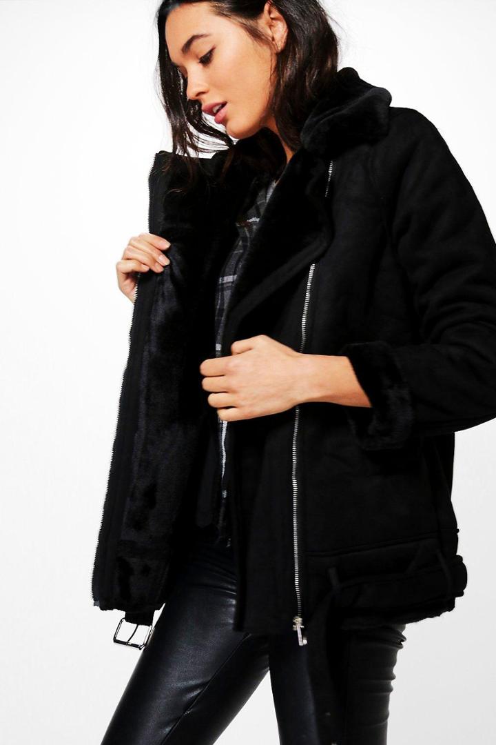 Boohoo Jessica Faux Fur Collar Longline Aviator Jacket Black