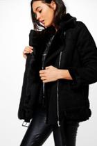 Boohoo Jessica Faux Fur Collar Longline Aviator Jacket Black