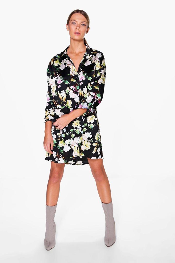 Boohoo Aeron Floral Print Satin Shirt Dress Black