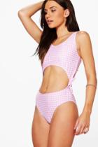 Boohoo Aruba Gingham Cut Out Tie Side Bathing Suit Pink