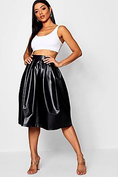 Boohoo Leather Look Box Pleat Midi Skater Skirt