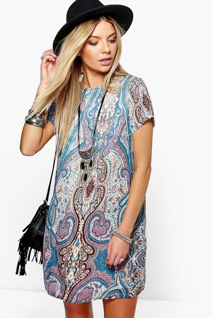 Boohoo Akemi Paisley Print Cap Sleeve Shift Dress Multi