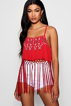 Boohoo Embroidered Woven Tassel Cami
