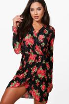 Boohoo Frankie Pleat Rose Print Wrap Dress Black