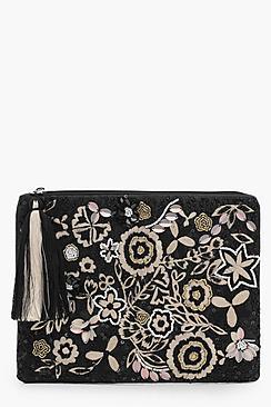 Boohoo Ava Mono Embroidery And Bead Clutch