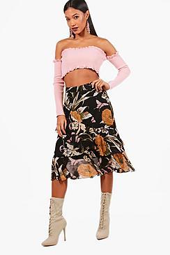 Boohoo Alicia Woven Floral Tiered Frill Midi Skirt