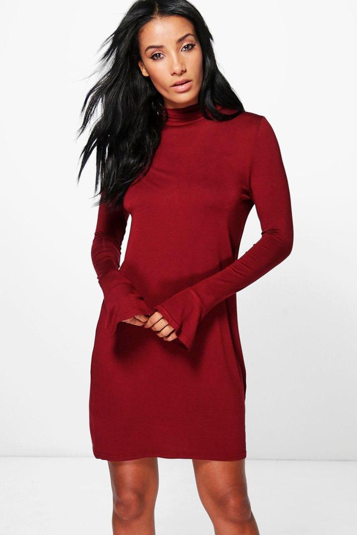 Boohoo Briella High Neck Frill Cuff Shift Dress Ruby