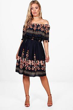 Boohoo Plus Ava Printed Embroidered Tassle Midi Dress