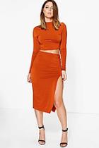 Boohoo Emma Slinkly Roll Neck Crop Wrap Skirt Co-ord