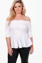 Boohoo Plus Jessica Off The Shoulder Frill Peplum Top White