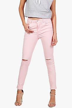 Boohoo Emily Pink Denim Rip Knee Skinny Jeans