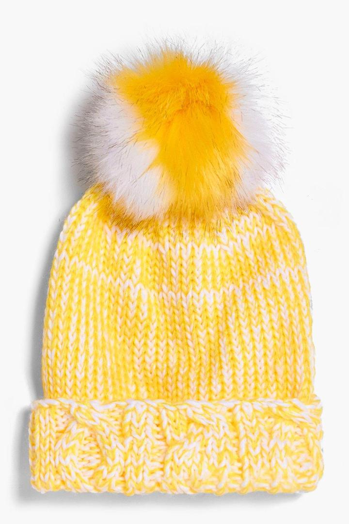 Boohoo Lottie Stripe Faux Fur Pom Beanie Hat Yellow