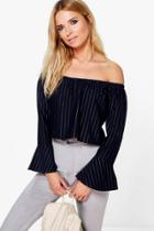Boohoo Lydia Striped Ponte Flare Sleeve Bardot Top Navy