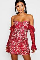 Boohoo Lace Off The Shoulder Frill Bodycon Dress