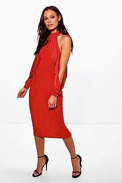 Boohoo Ayla Slinky Open Shoulder Midi Bodycon Dress