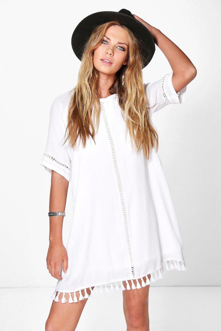 Boohoo Cassie Festival Tassel Shift Dress Ivory
