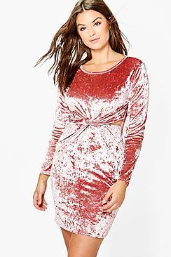 Boohoo Plus Nora Crushed Velvet Knot Front Bodycon