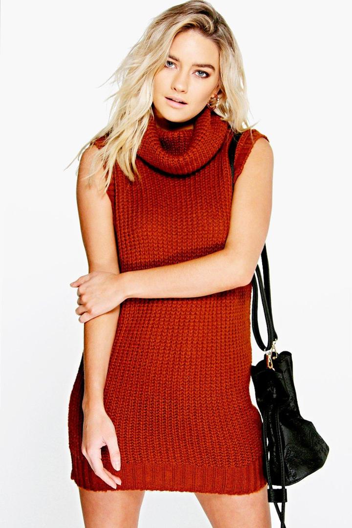 Boohoo Maya Cowl Neck Sleeveless Jumper Dress Chestnut