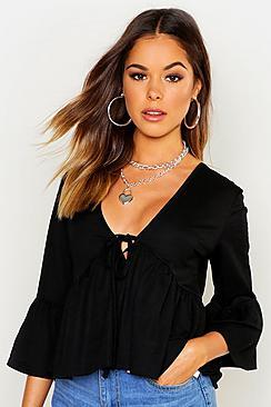 Boohoo Linen Tie Front Smock Top