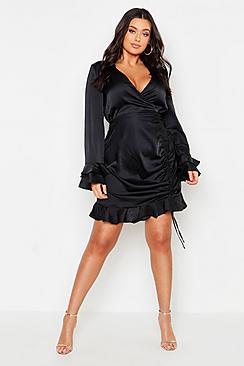 Boohoo Plus Satin Ruched Flare Sleeve Frill Dress