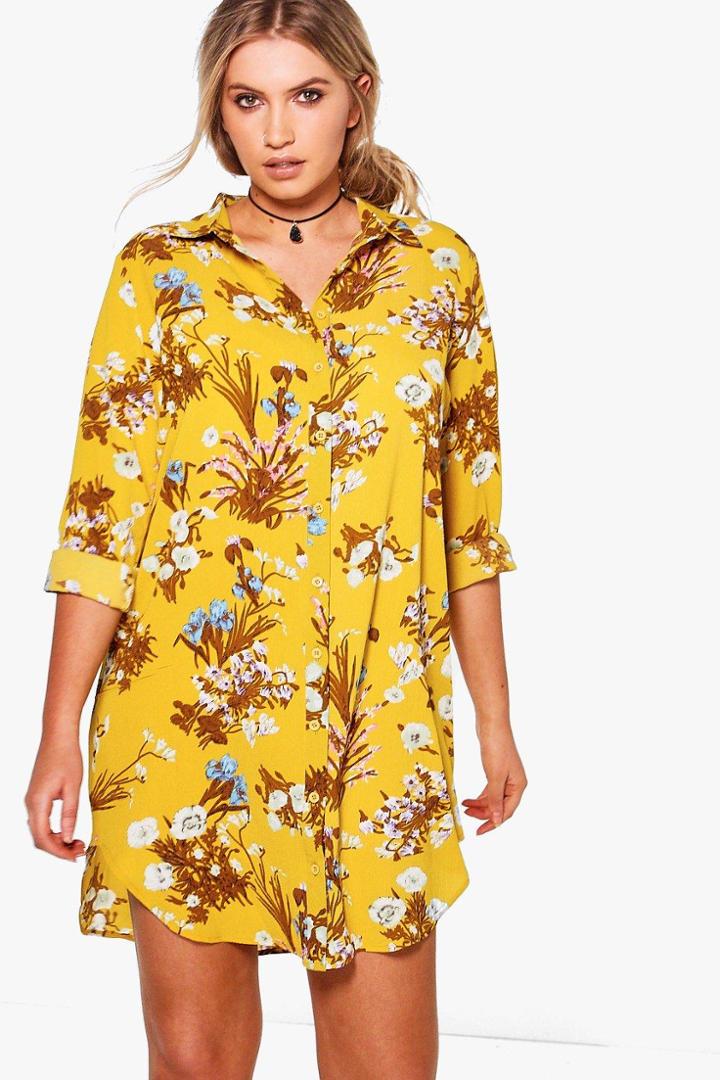 Boohoo Plus Julia Floral Printed Shirt Dress Mustard