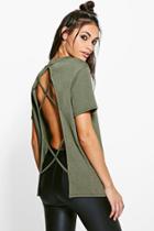 Boohoo Lauren Crepe Top With Open Strappy Back Top Khaki