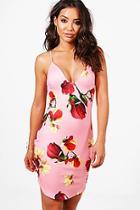 Boohoo Holly Pink Floral Curve Hem Bodycon Dress