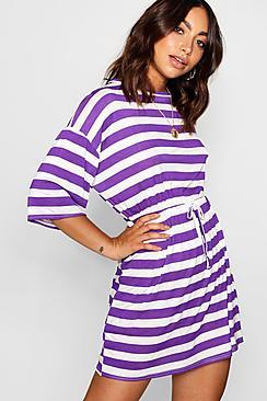 Boohoo Bold Stripe Tie Waist Jersey Tee Dress