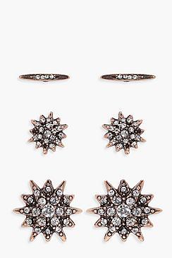 Boohoo Lissy Diamante Star Stud 3 Pack