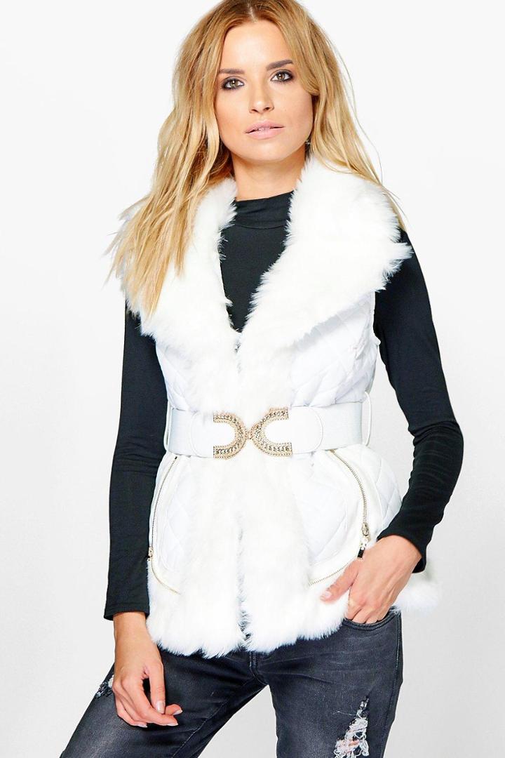 Boohoo Rosie Faux Fur Trim Belted Gilet Cream