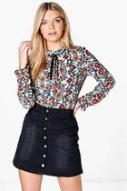 Boohoo Roxy Tie Neck Floral Blouse