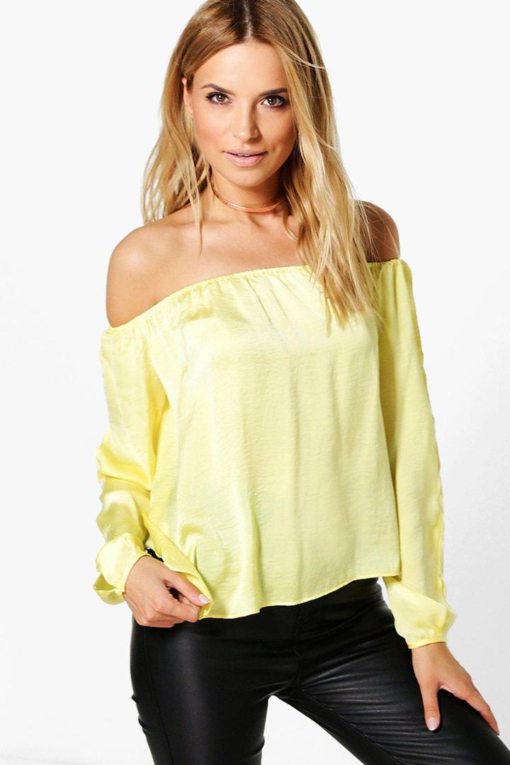 Boohoo Jenna Silky Split Sleeve Bardot Top Yellow