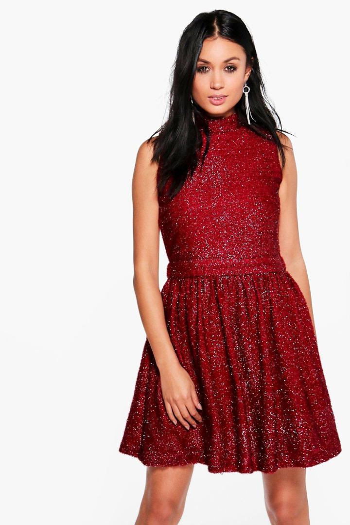 Boohoo Camelia Sparkle High Neck Midi Dress Wine