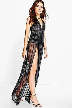 Boohoo Uma Metallic Stripe Mesh Super Split Maxi Dress