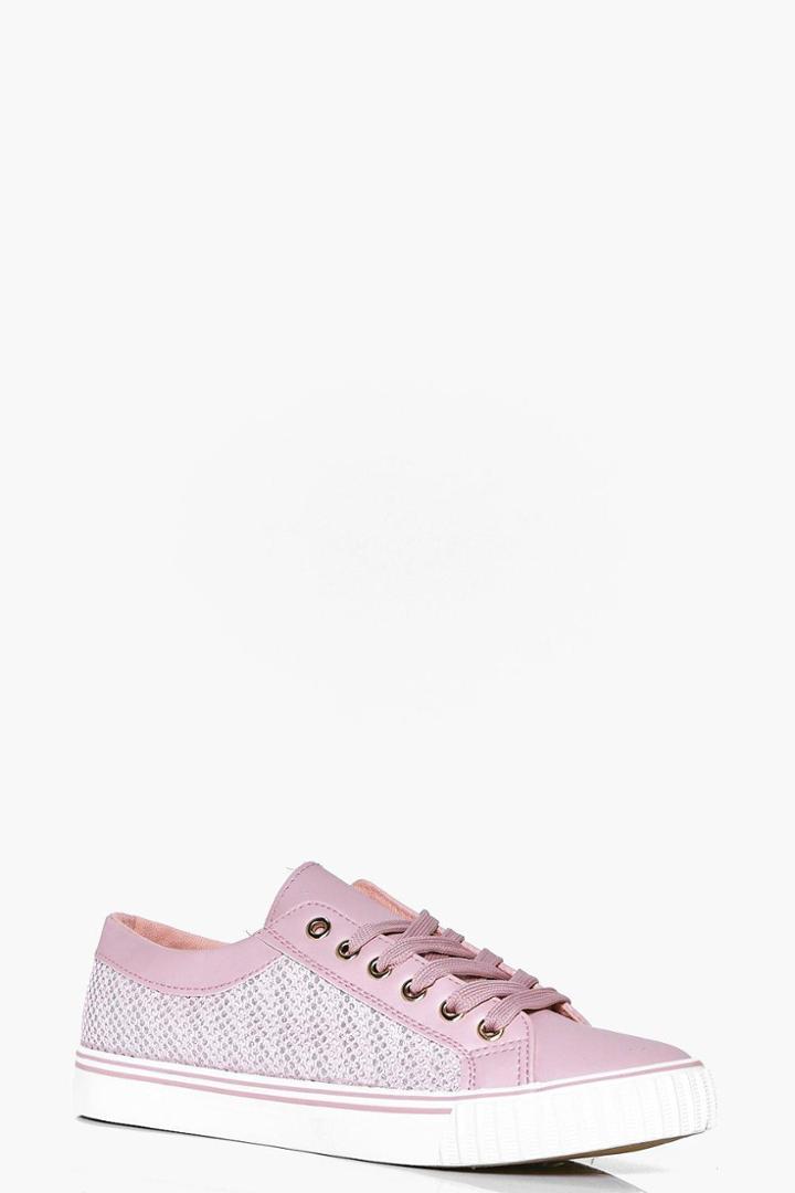 Boohoo Kate Mesh Insert Lace Up Trainer Pink